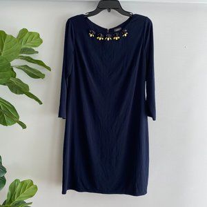 Vince Camuto Formal Navy Blue Beaded Jeweled Neck Long Sleeve Shift Dress 12